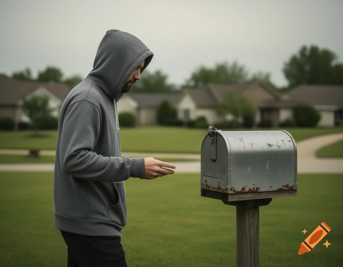 A man in a grey hoodie stands beside a rusty mailbox in a suburban neighborhood.