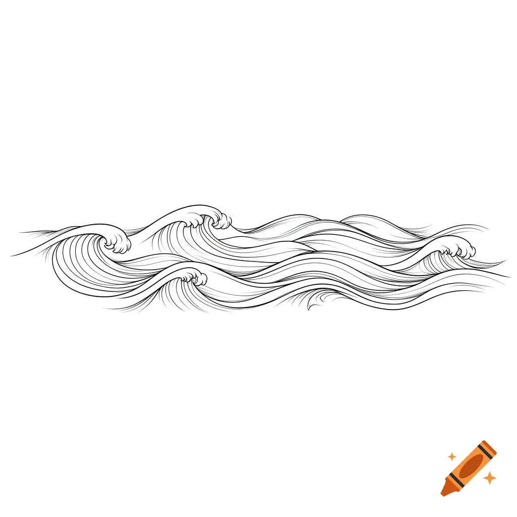 Black and white minimalistic line art illustration of contoured ocean waves.