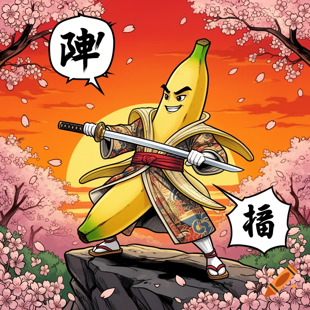 A smiling banana dressed as a samurai with a katana stands on a rock amid cherry blossoms, with a sunset in the background, in comic art style.