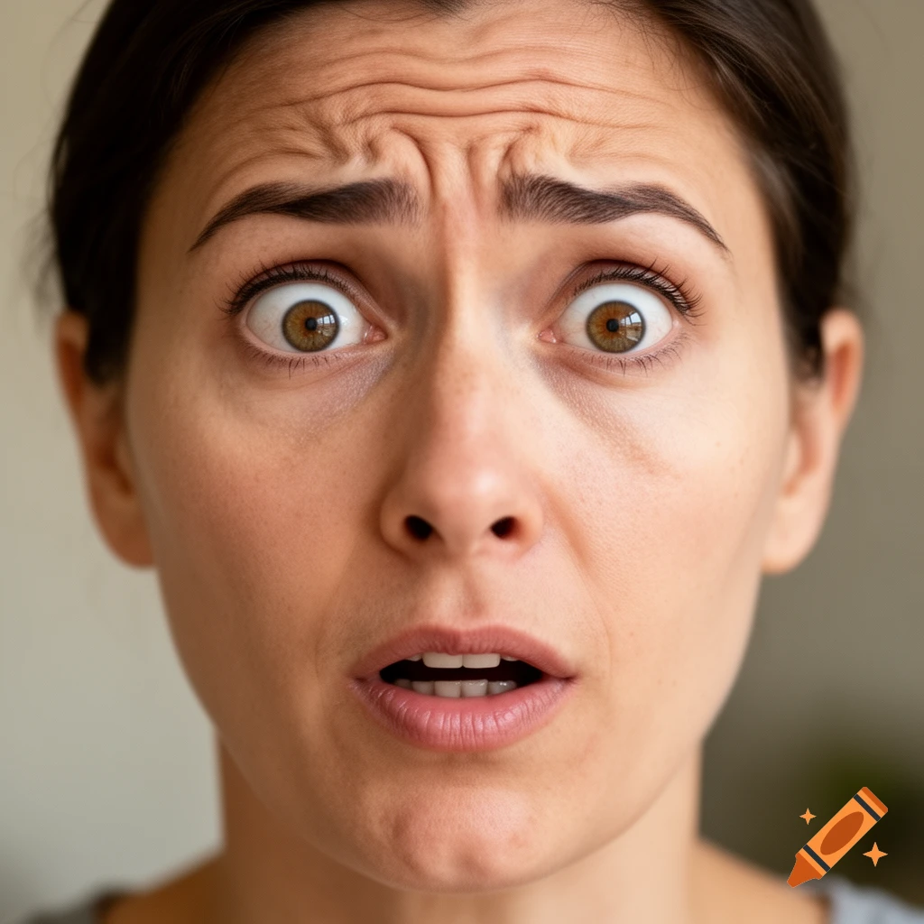 Close-up of a woman with wide eyes, furrowed brow, and an open mouth, showing a surprised or concerned expression.
