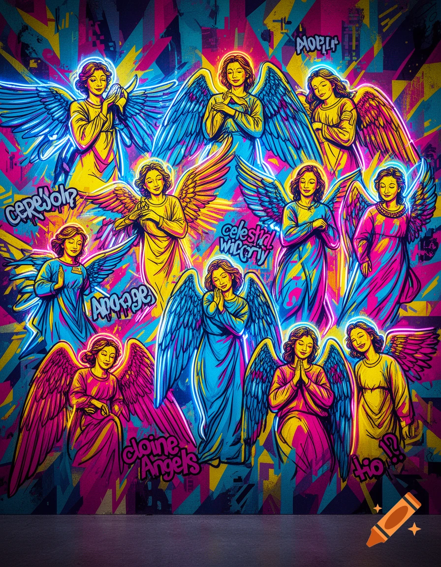 A vibrant pop art graffiti mural depicts ten angels with neon outlines and wings, in a mix of blue, yellow, and pink on a multi-colored abstract background.