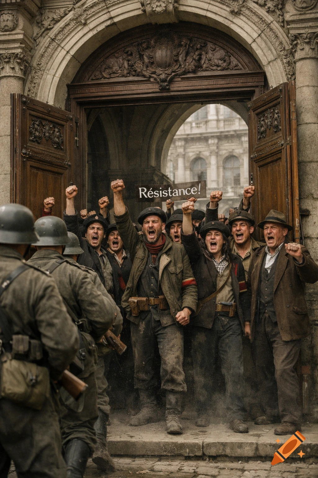 Photorealistic image of soldiers entering an ornate building as defiant civilians with raised fists and a 'Résistance!' sign protest.
