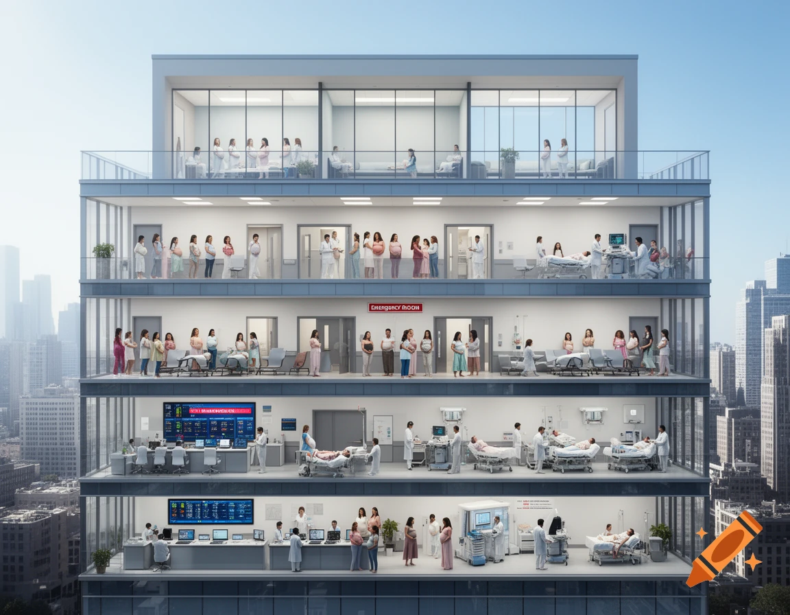 Photorealistic cutaway of a multi-story hospital building with pregnant people and medical staff on various floors.