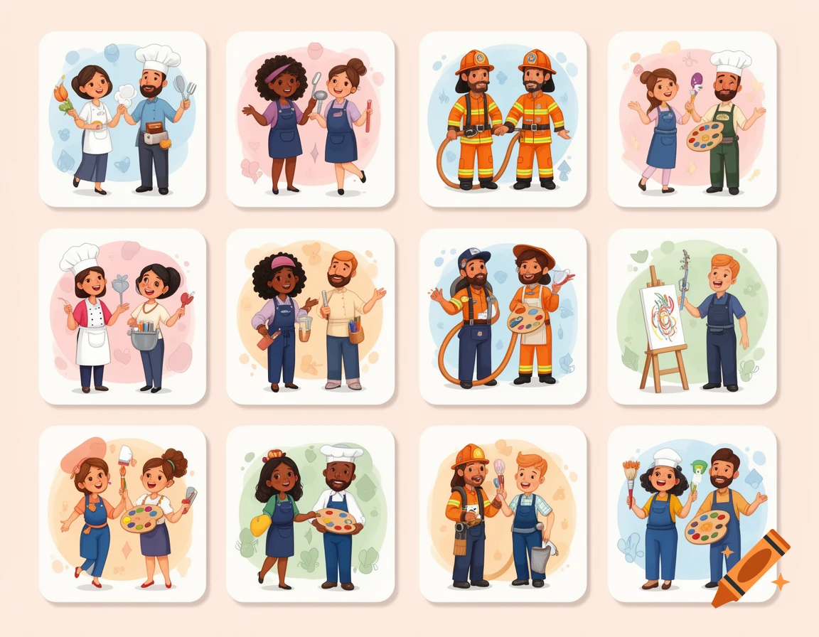 Twelve cartoon illustrations of diverse people in various professions, arranged in a grid, suitable for a children's memory game.
