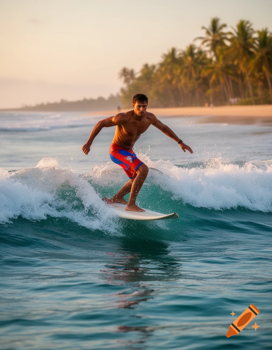 A shirtless man surfs a wave on a tropical beach with palm trees at sunset, captured in a photorealistic style.
