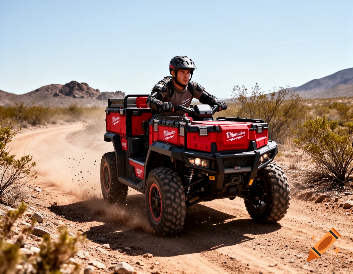A person in a helmet rides a red Milwaukee ATV on a dusty desert trail, kicking up dirt.