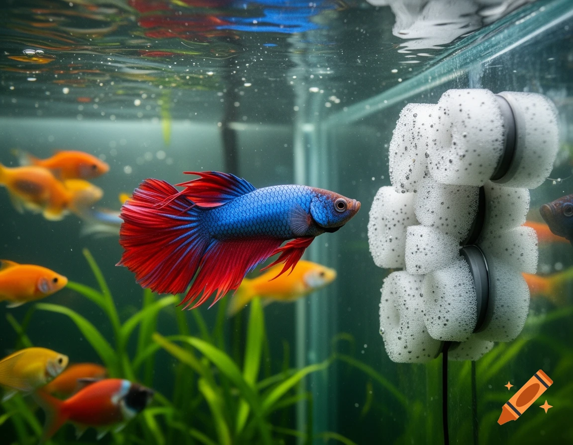 A vibrant blue and red betta fish swims prominently in a clear aquarium with orange goldfish and a white foam filter.