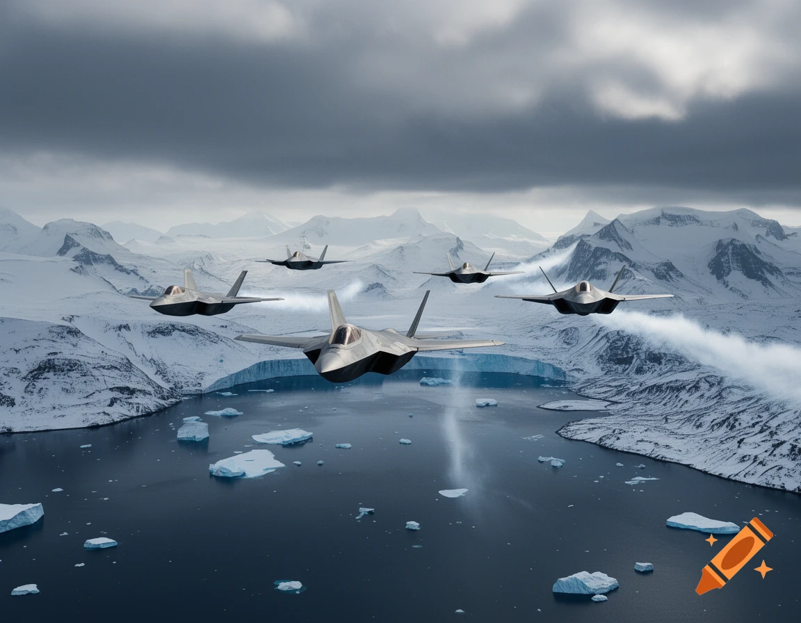 Five stealth fighter jets fly low over an icy bay surrounded by snow-capped mountains under a dark, cloudy sky.