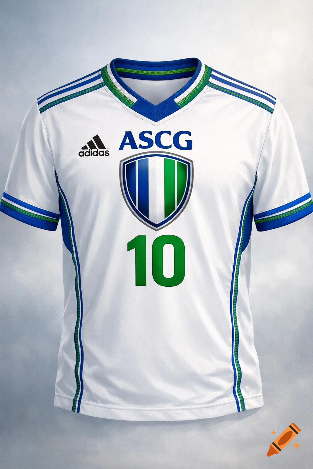 A white soccer jersey with blue and green stripes, featuring an Adidas logo, 'ASCG' text, a shield emblem, and the number 10.