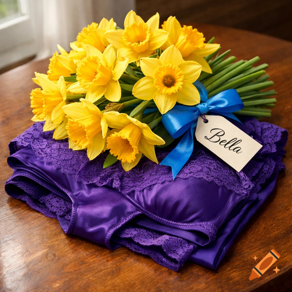 Yellow daffodil bouquet with blue ribbon and 'Bella' tag, resting on purple lace lingerie on a wooden table.