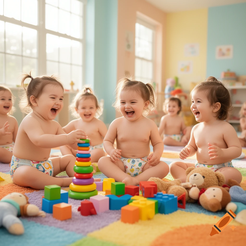 Several happy babies in diapers playing with colorful building blocks and a stacking ring in a bright playroom.