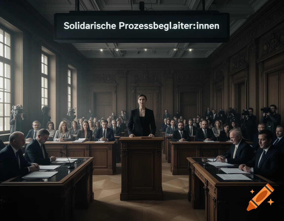 Photorealistic image of a woman speaking from a podium in a formal, dark wood paneled courtroom, with people seated and a screen displaying German text.
