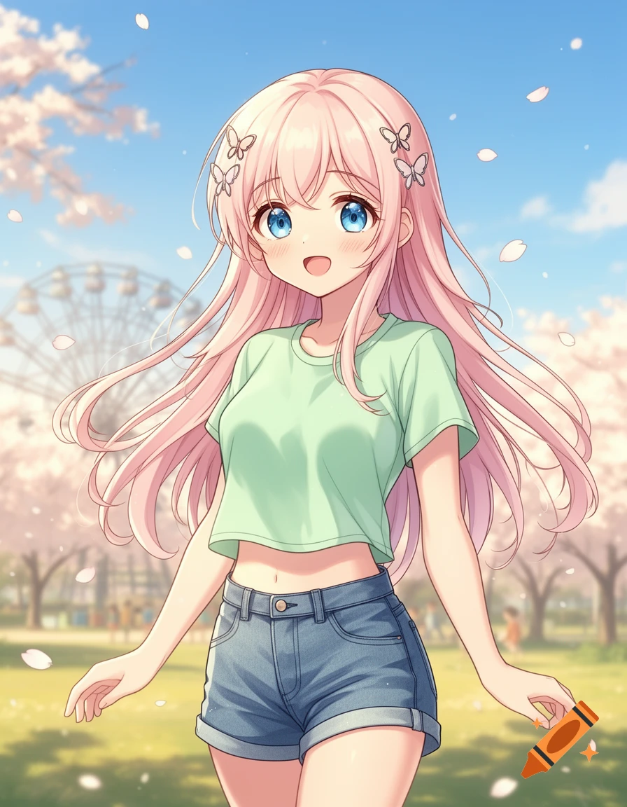 Anime girl with long pink hair, blue eyes, green crop top, and denim shorts, standing in a sunny park with cherry blossoms and a Ferris wheel.