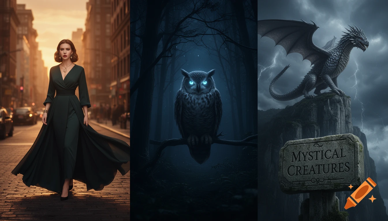 Three images: a woman in a green dress on a city street, an owl with ...