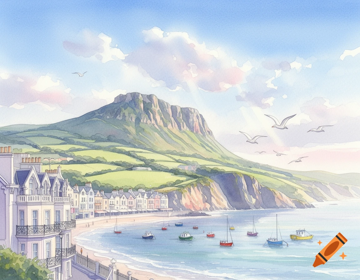A serene watercolor painting depicts a coastal town with white buildings lining a crescent beach. Colorful boats dot the calm blue bay, overlooked by a large, green mountain under a clear, cloudy sky.