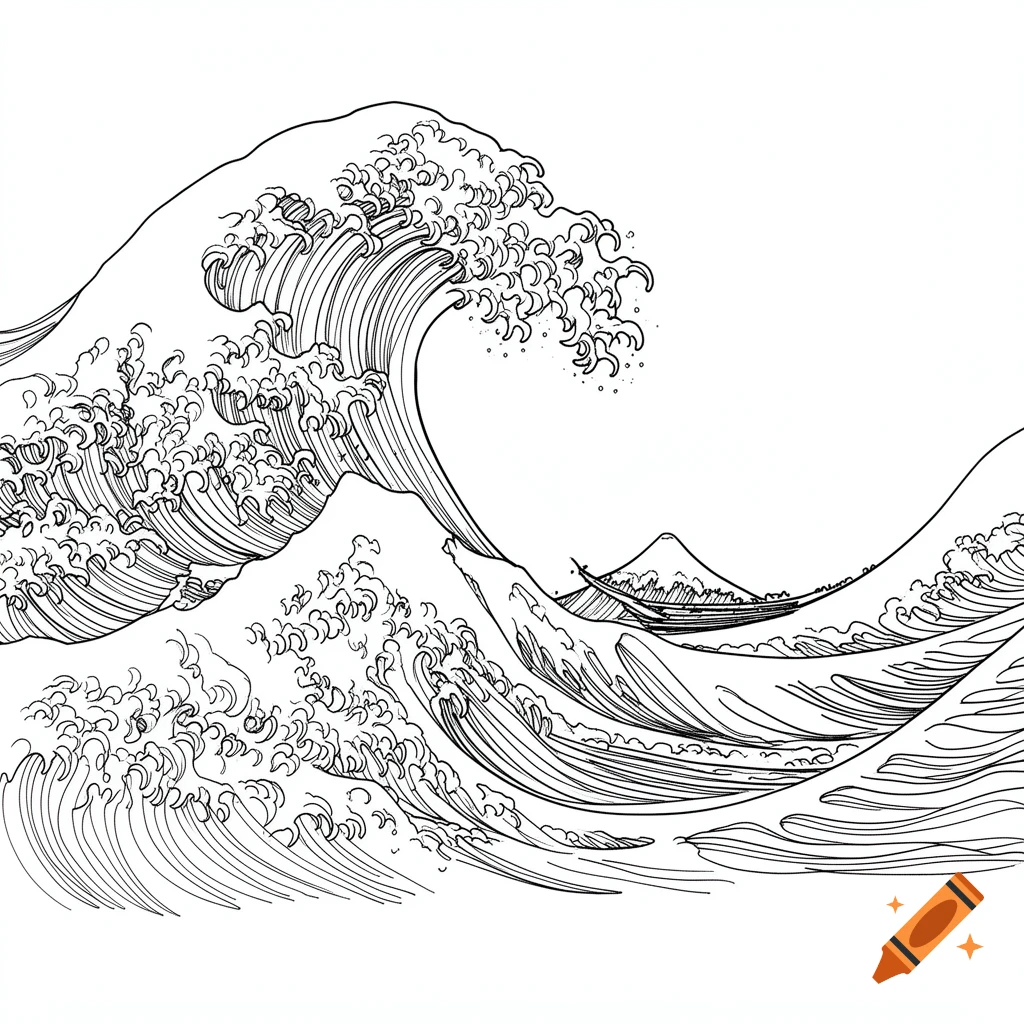 Black and white line art depicting large, cresting ocean waves with a distant boat and mountain.