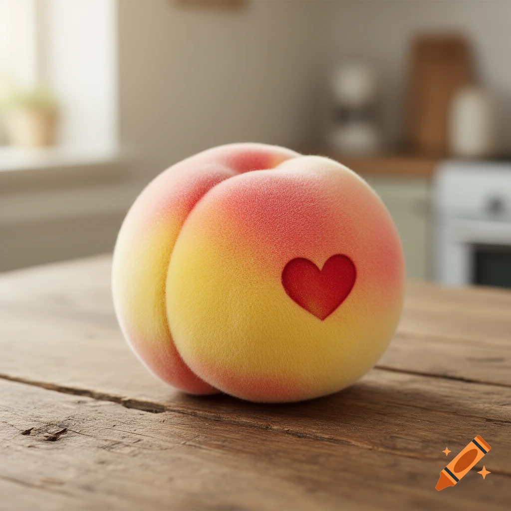 A fuzzy, gradient peach with a red heart embossed on its side, resting on a rustic wooden table in a sunlit kitchen.