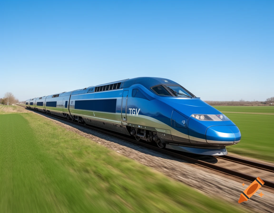 A blue and silver TGV high-speed train speeds through green fields under a clear blue sky, with motion blur.