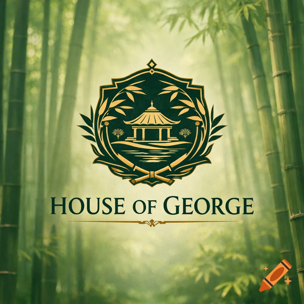 A dark green and gold logo featuring a pagoda and bamboo leaves, with "HOUSE OF GEORGE" text below, set against a lush bamboo forest background.