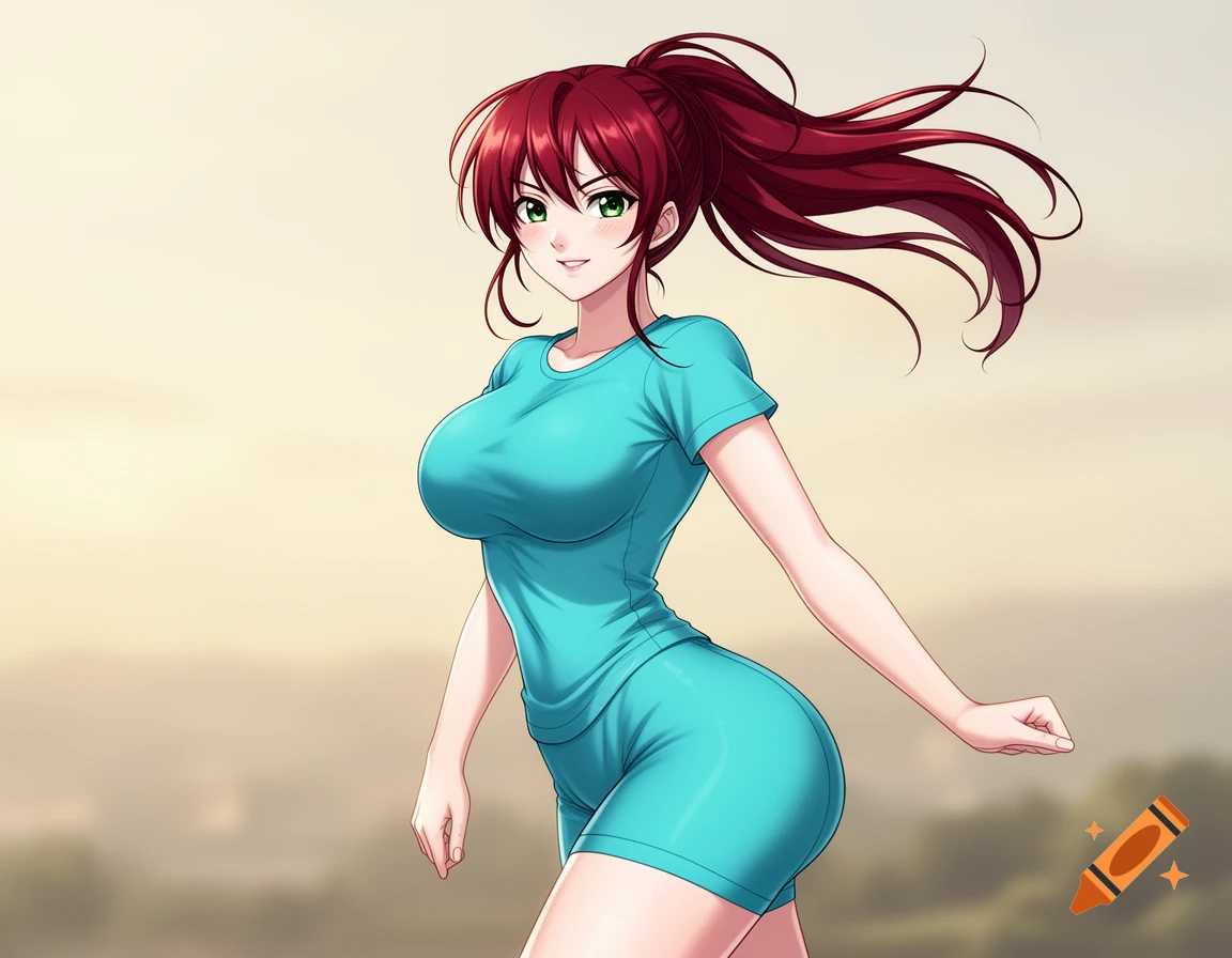 Anime girl with dark red hair and green eyes, wearing an aqua blue t-shirt and shorts, smiling outdoors.