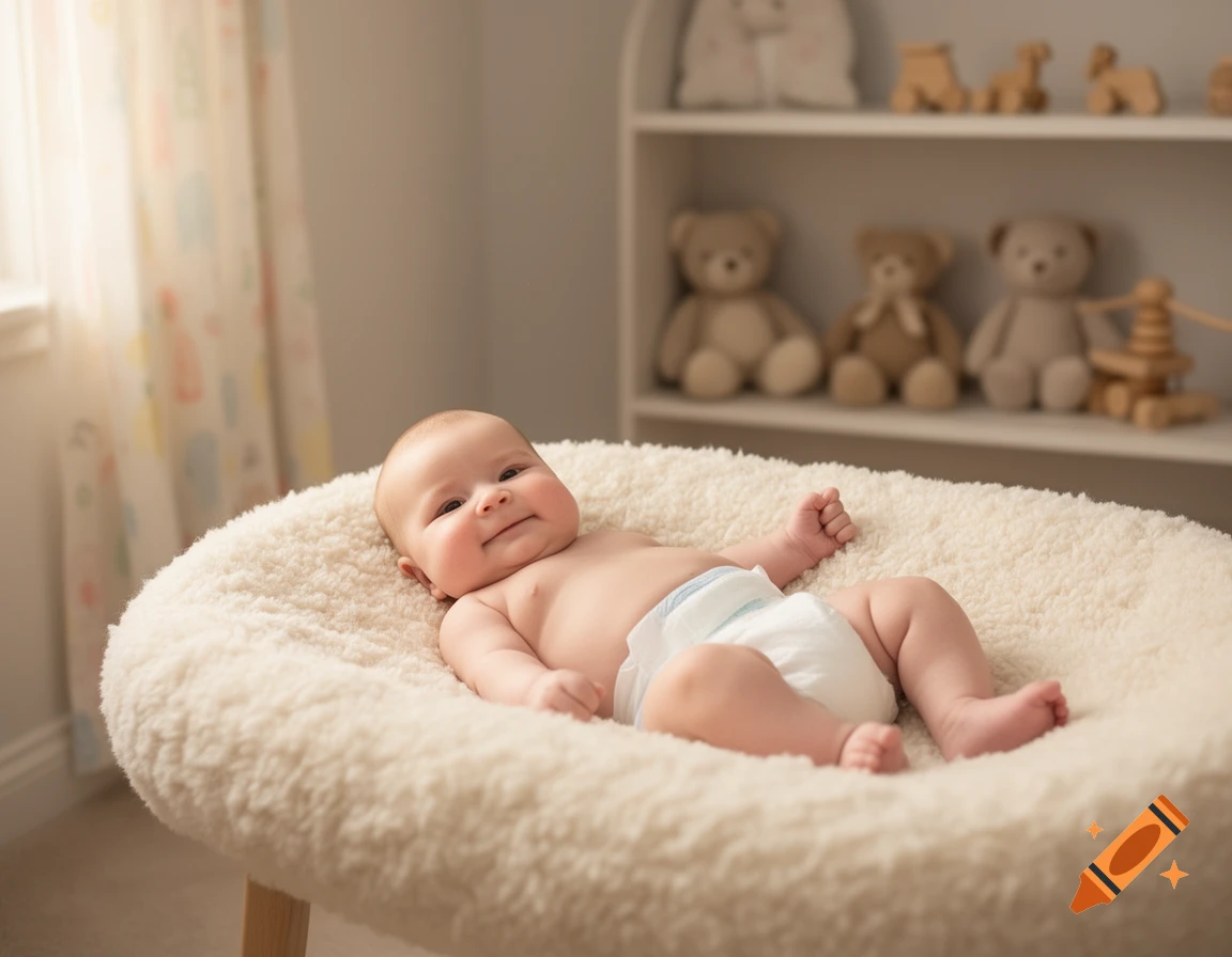 A smiling baby wearing a diaper lies on a fluffy white cushion in a nursery with teddy bears on a shelf.