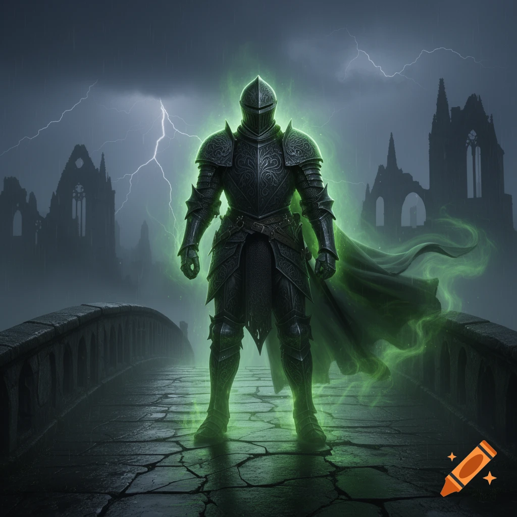 A dark fantasy knight in ornate armor, glowing green, stands on a cracked bridge with gothic ruins and lightning.