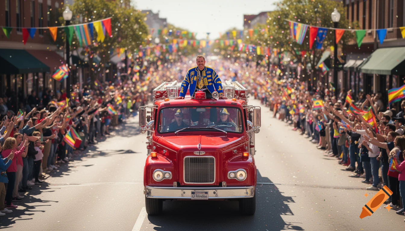 A man in a blue and gold jacket stands on a red vintage firetruck, riding through a city street lined with cheering crowds and confetti, under colorful flags.