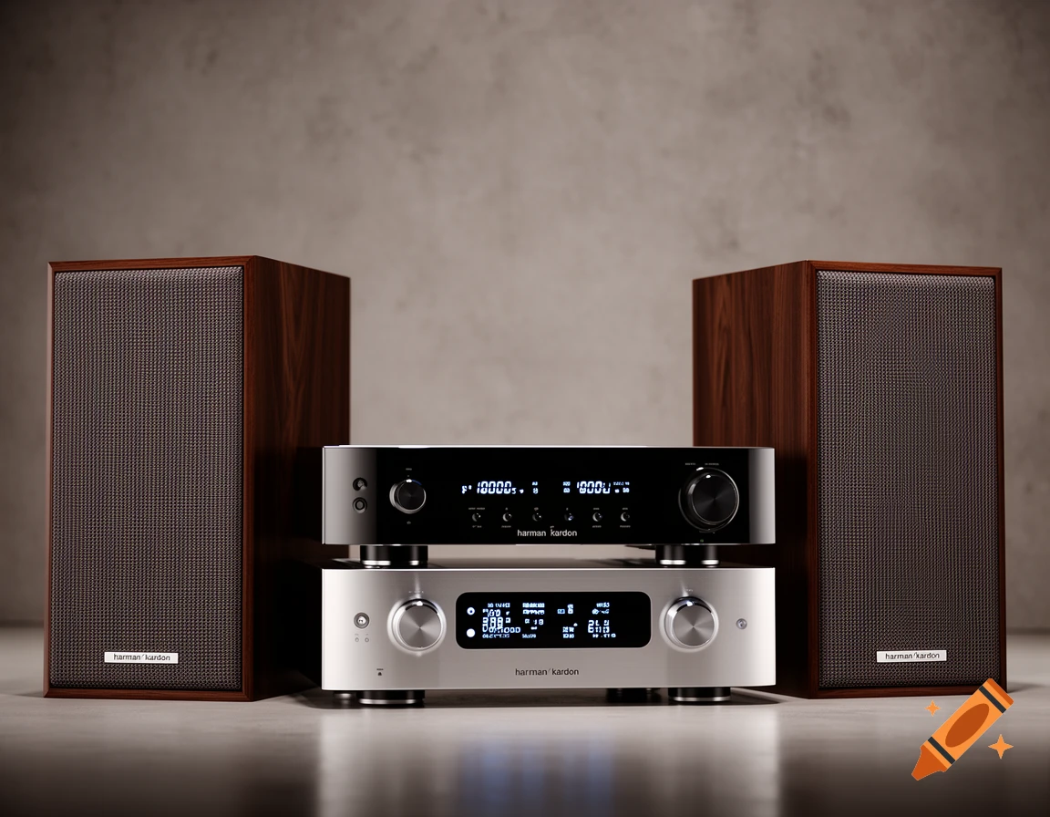 Two dark wood speakers flank a stack of two silver and black Harman Kardon audio receivers on a reflective surface against a gray wall.