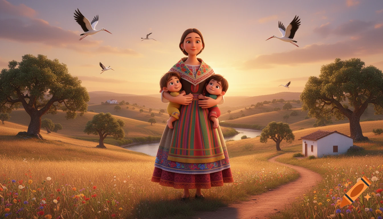 Pixar-style illustration of a mother embracing two children in a warm, golden rural landscape with hills, trees, a river, and storks flying overhead.