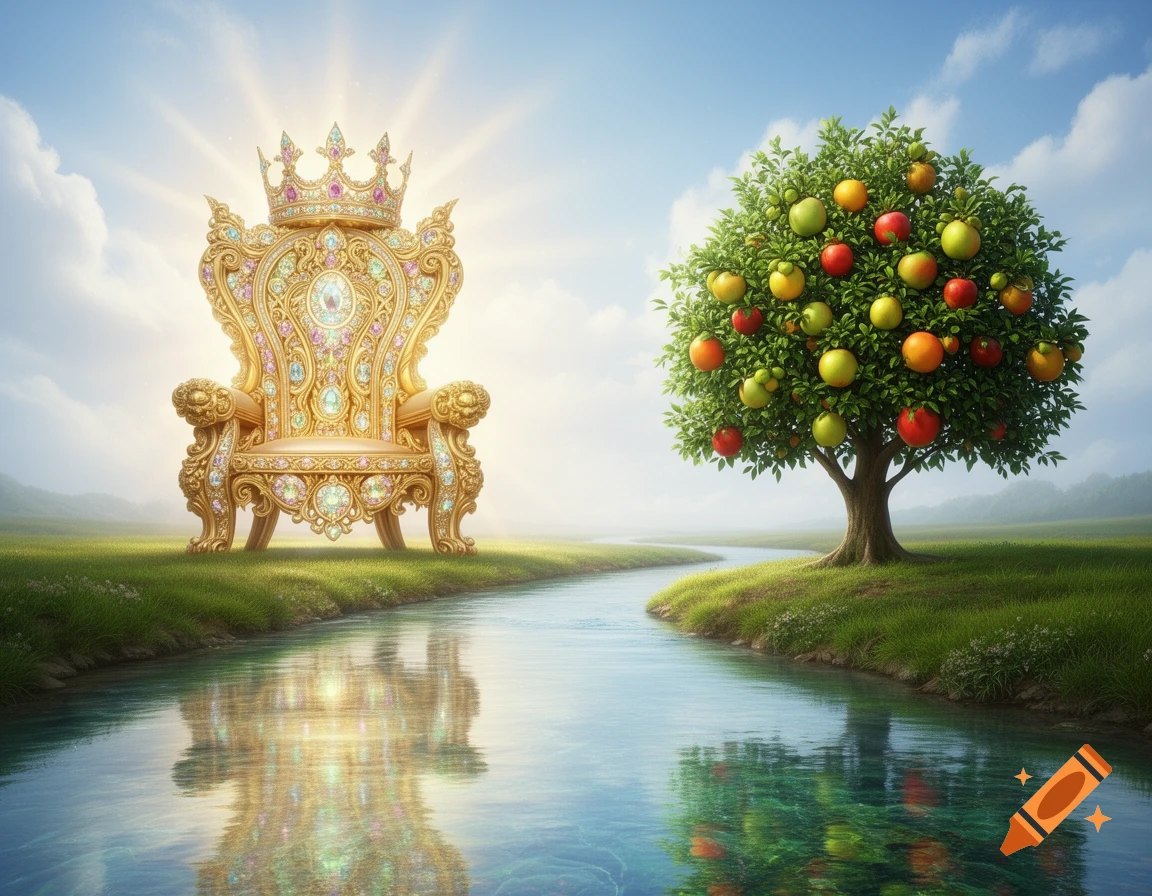 A glowing golden throne adorned with jewels sits by a clear river, facing a tree laden with colorful fruits under a bright sky.