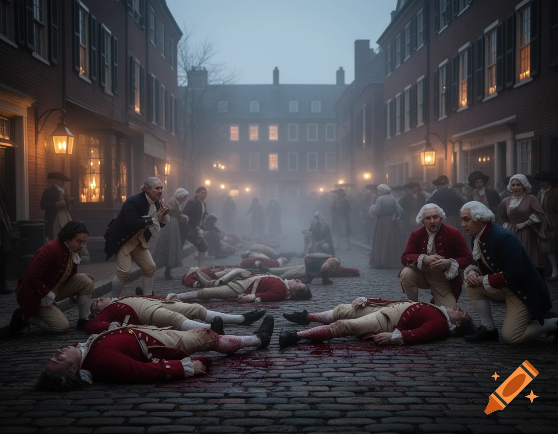 Historical scene of the Boston Massacre on a foggy cobblestone street, with figures in 18th-century attire, some dead or injured.