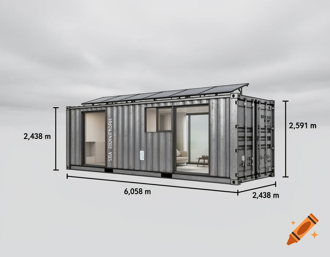 A schematic diagram of a grey shipping container house with solar panels and windows, showing dimensions.