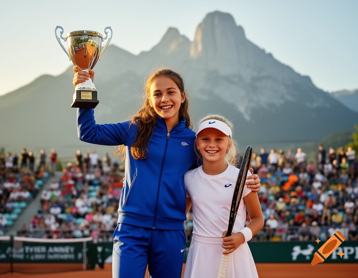 Two smiling girls, one older holding a trophy and one younger holding a tennis racket, stand on a tennis court with a mountain and spectators in the background. Photorealistic style.