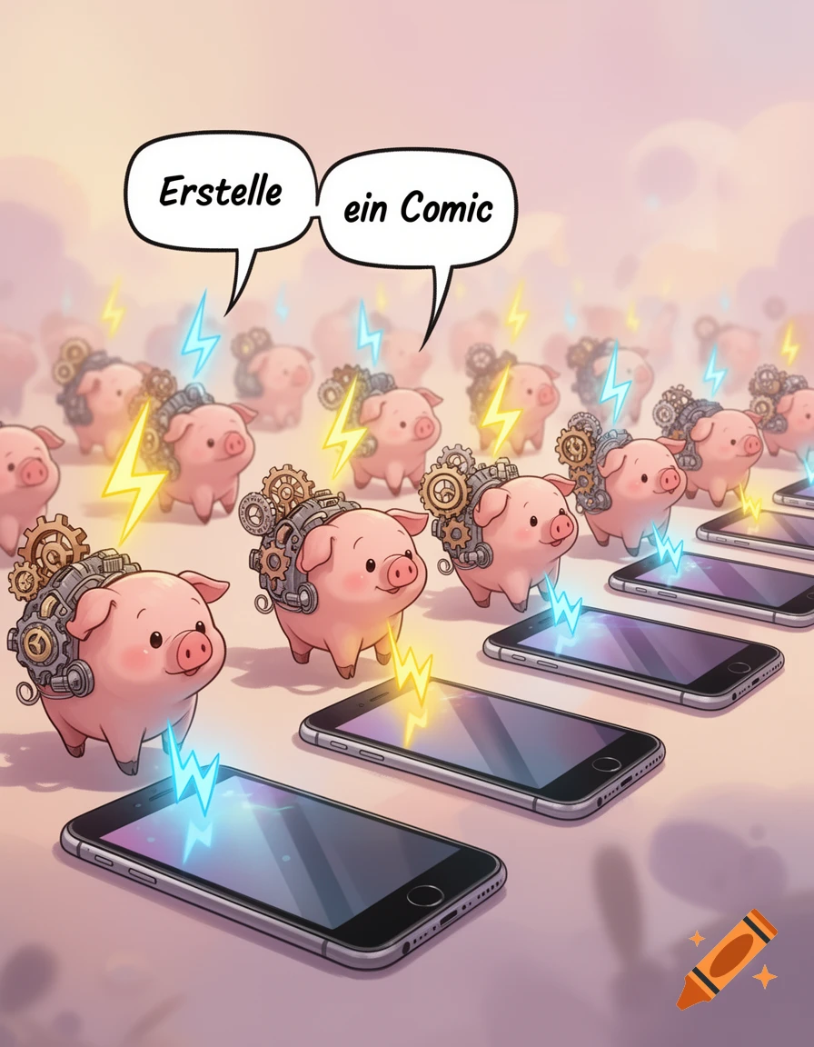 Cute cartoon steampunk pigs with gears charge iPhones. Speech bubbles read 'Erstelle ein Comic'.