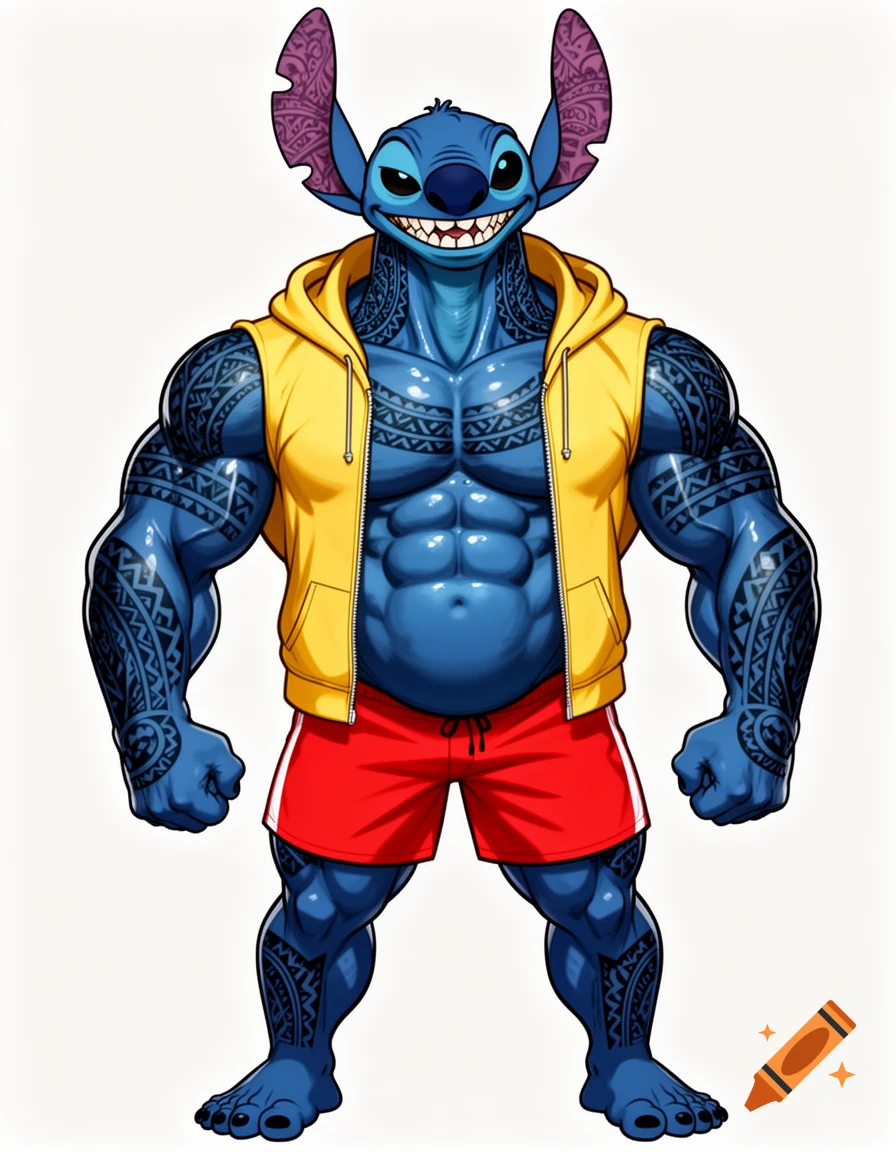 Muscular, tattooed Stitch from Lilo & Stitch wears a yellow open hoodie and red shorts, standing against a white background.