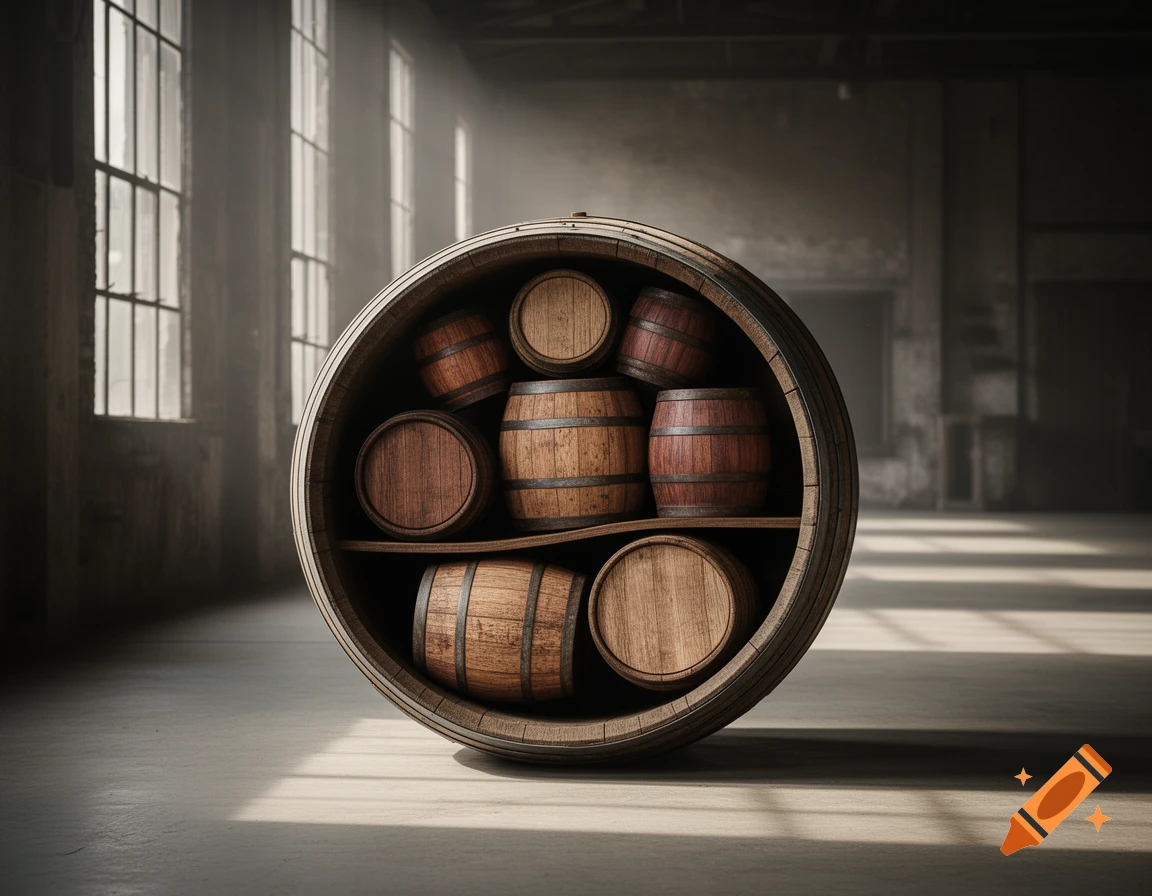 A large wooden barrel standing on its side, filled with several smaller wooden barrels, in a dimly lit warehouse with large windows.