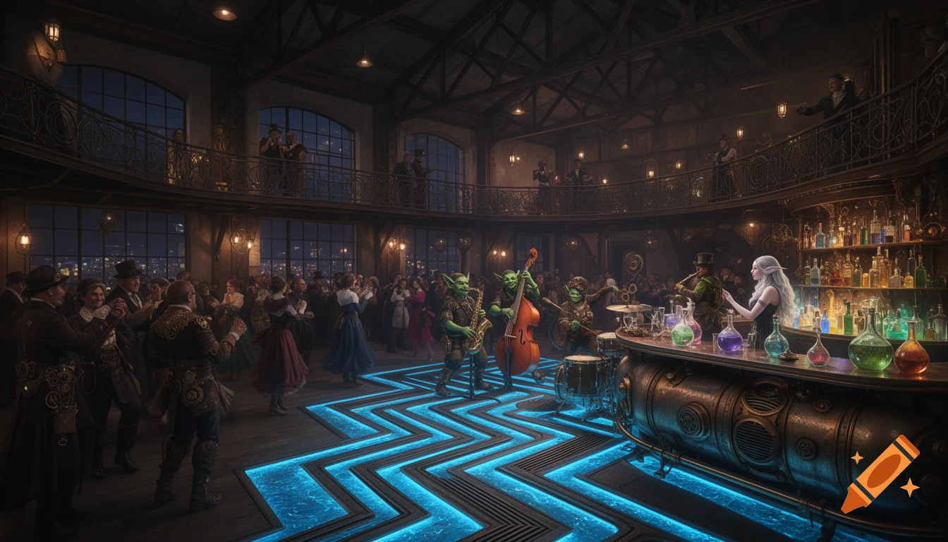A bustling steampunk fantasy nightclub with green-skinned goblins playing jazz on a glowing blue dance floor, while humanoids in Victorian attire dance and socialize around a bar tended by a pale elf.