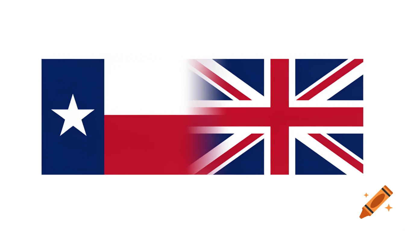 A 2D image showing the Texas flag on the left, fading into the United Kingdom flag on the right against a white background.