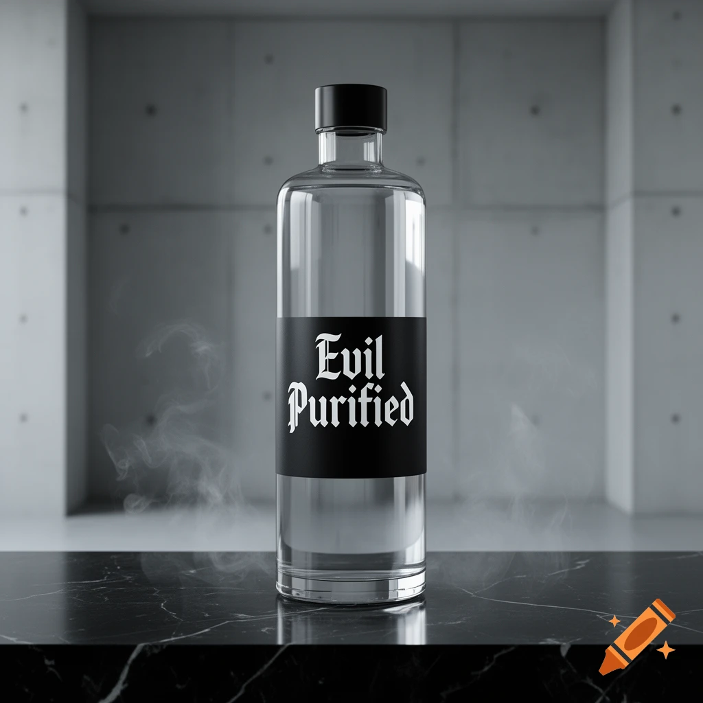 A clear glass bottle with a black label reading 'Evil Purified' on a black marble surface with smoke against a concrete background.