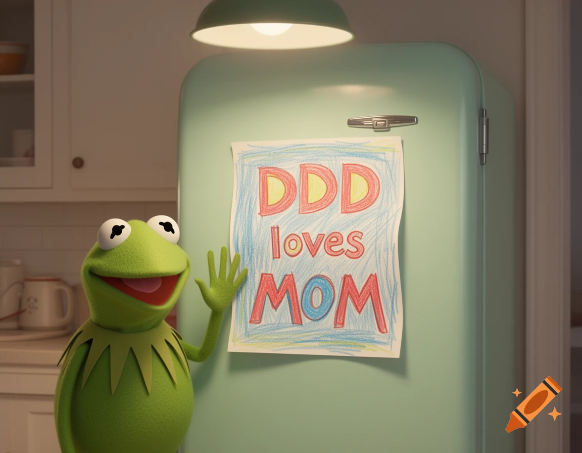 Kermit the Frog smiles and waves next to a light green refrigerator with a child's drawing that says 'DDD loves MOM'.