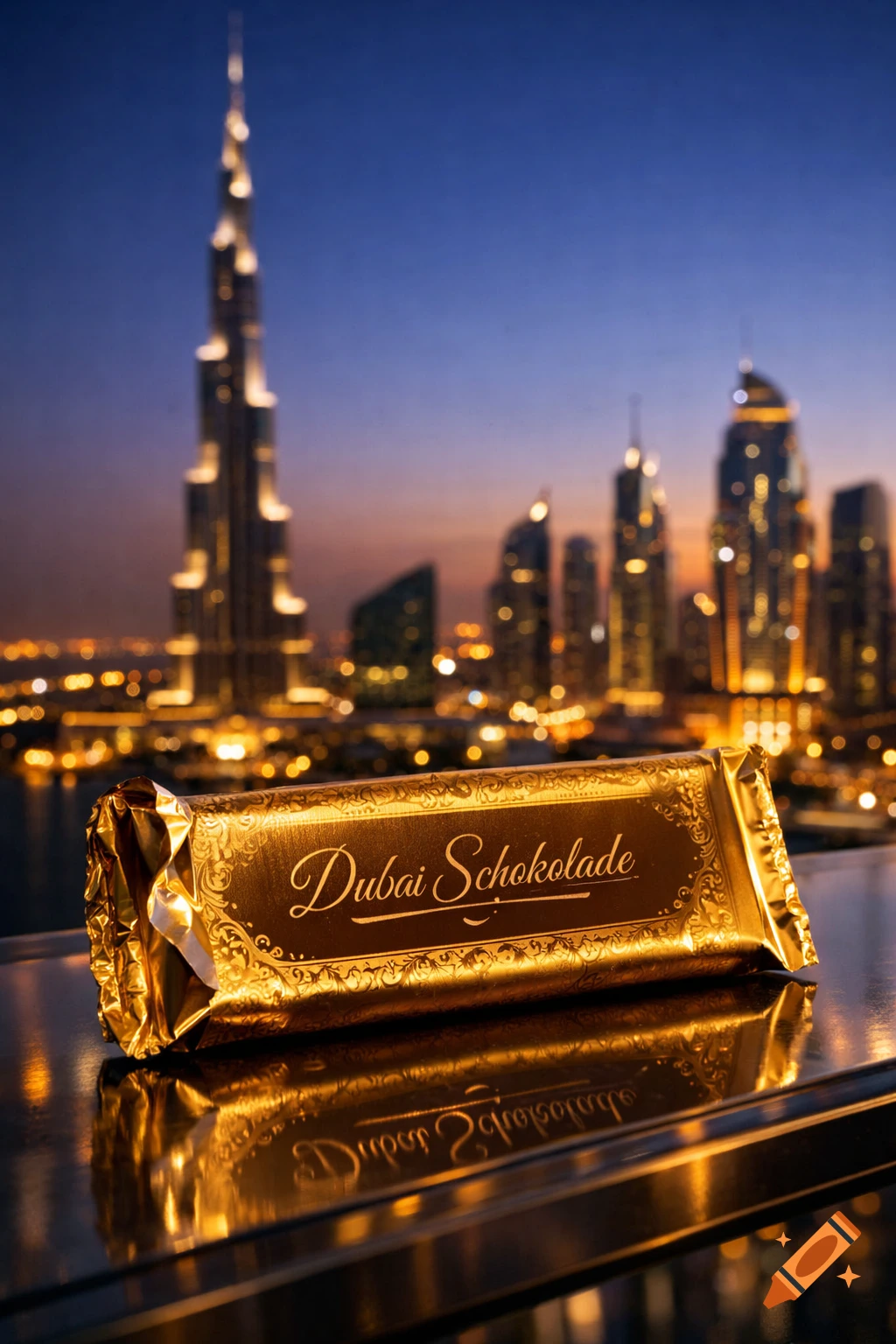 A gold 'Dubai Schokolade' chocolate bar on a surface with the blurred Dubai skyline and Burj Khalifa at dusk in the background, photorealistic.