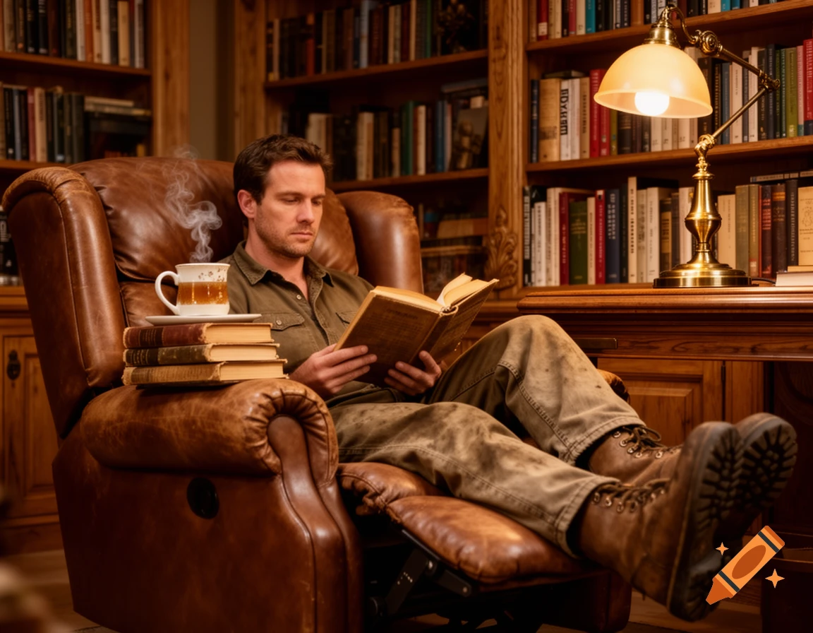 A man in work clothes and boots relaxes in a leather reclining chair, reading a book with a steaming mug of tea nearby in a cozy library.