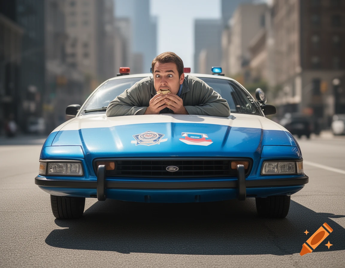 A man with wide eyes peeks over the hood of a police car, eating a pastry while looking surprised, on a city street.