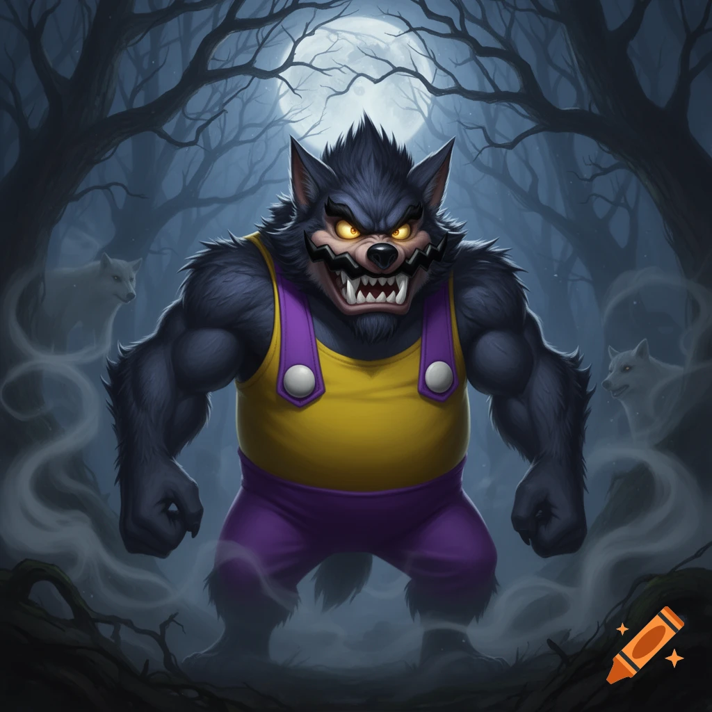 Muscular cartoonish dark grey werewolf with glowing eyes and sharp teeth, wearing yellow and purple, stands in a misty forest under a full moon.