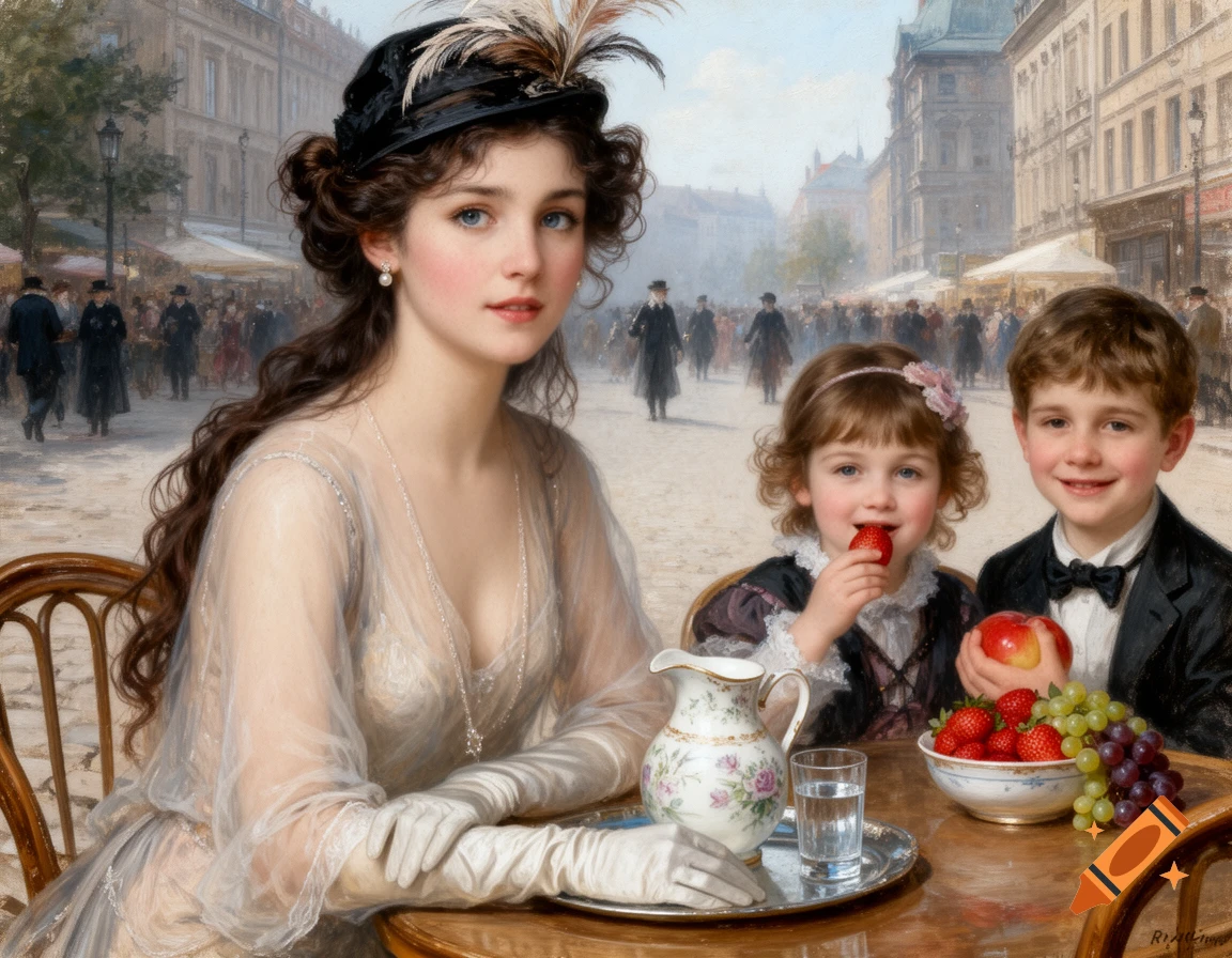 Impressionist painting of a young woman and two children at an outdoor cafe, eating fruit on a bustling 1800s city street.