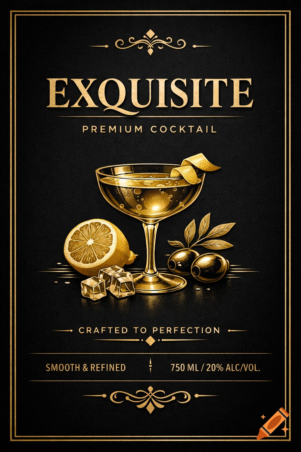 Elegant black and gold product label for a premium cocktail, featuring a gilded drink glass, lemon, olives, and ice cubes.