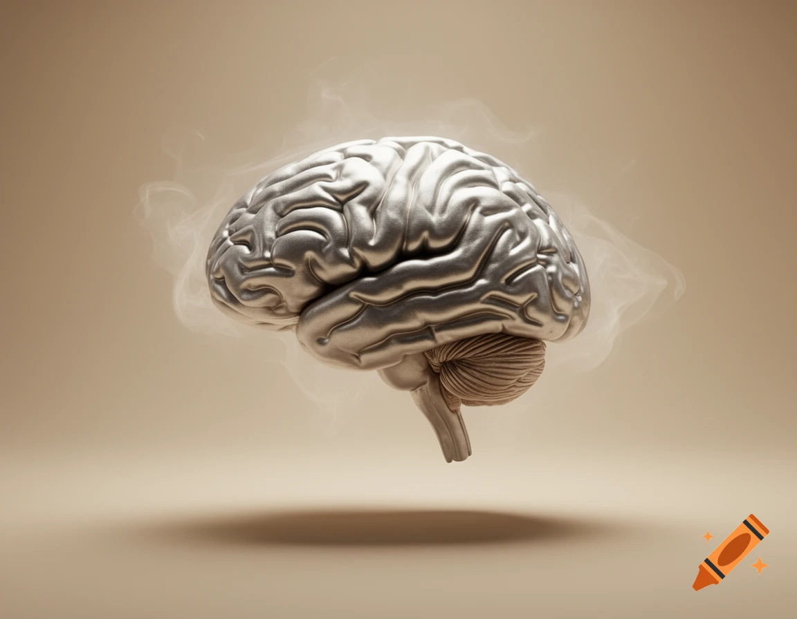 A metallic, silver-colored human brain floats against a beige background, with wisps of smoke around it.