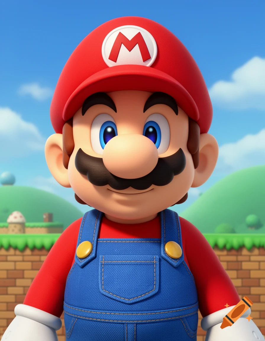 A realistic 3D render of Mario in his red cap and blue overalls, smiling under a bright blue sky.
