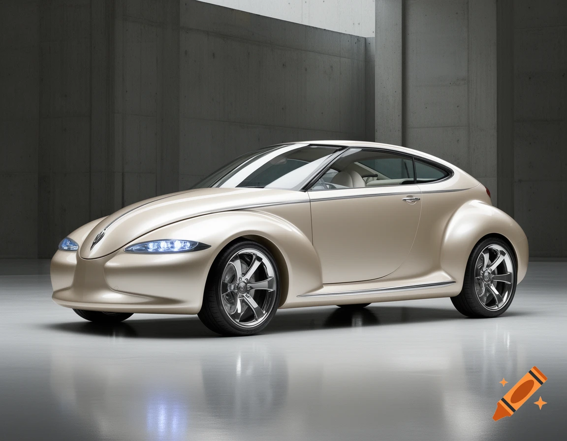 Champagne-colored retro-futuristic concept car with sleek lines in a minimalist concrete garage, photorealistic style.