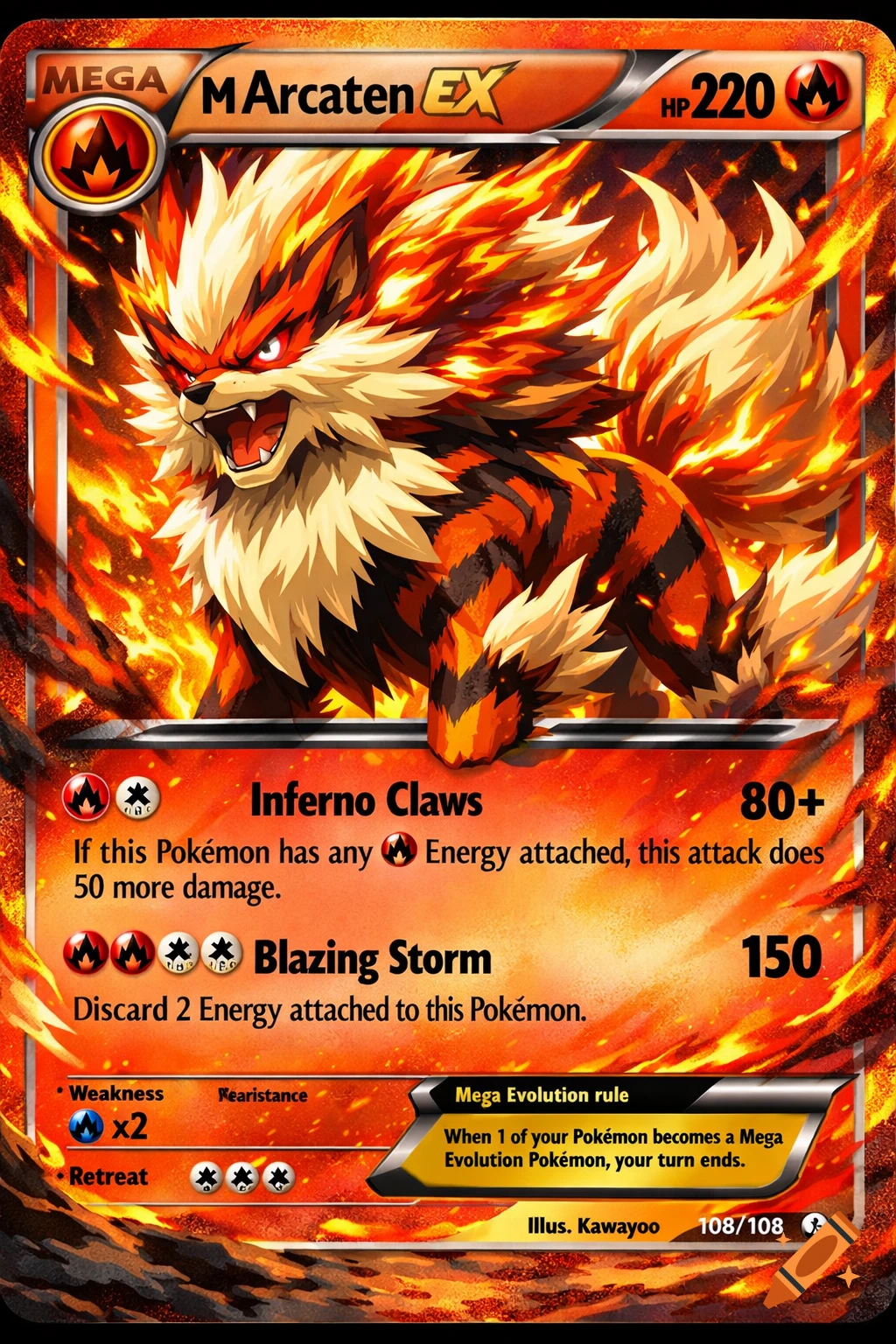 A Mega Arcaten EX Pokémon card with a fiery Arcanine-like creature. The card displays HP 220, attacks 'Inferno Claws' and 'Blazing Storm', weakness, retreat cost, and a Mega Evolution rule.